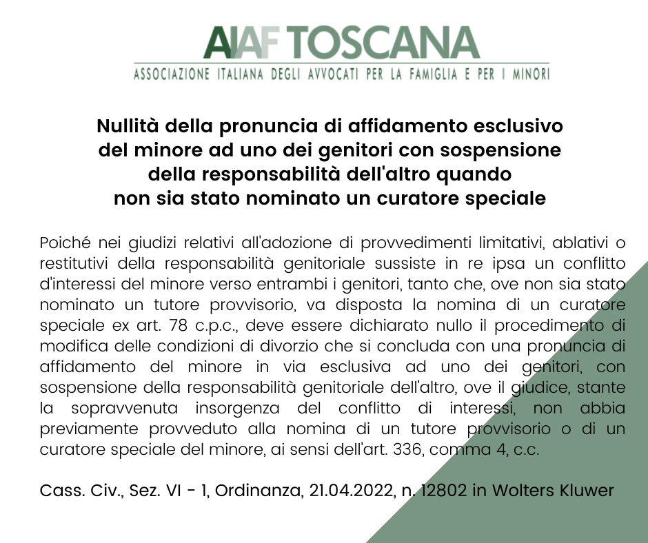 Nullità della pronuncia di affidamento esclusivo del minore ad uno dei genitori con sospensione della responsabilità dell'altro quando non sia stato nominato un curatore speciale